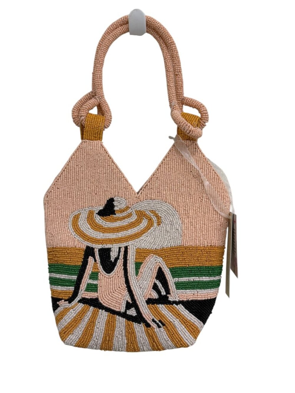 Handcrafted in India Beaded Bag Beach Scene Woman Sunbather with Hat NWT